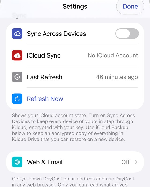 DayCast Settings with the Web and Email row under Sync