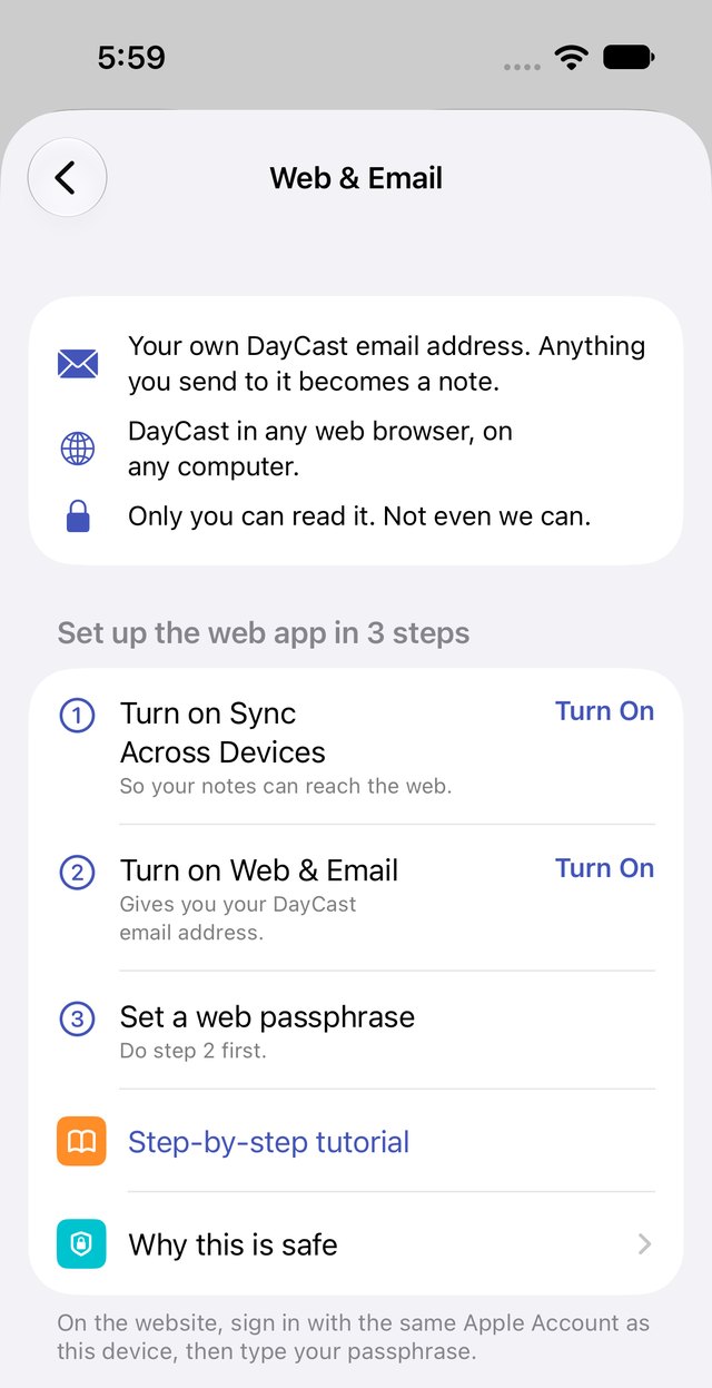 The Web and Email screen with three numbered setup steps