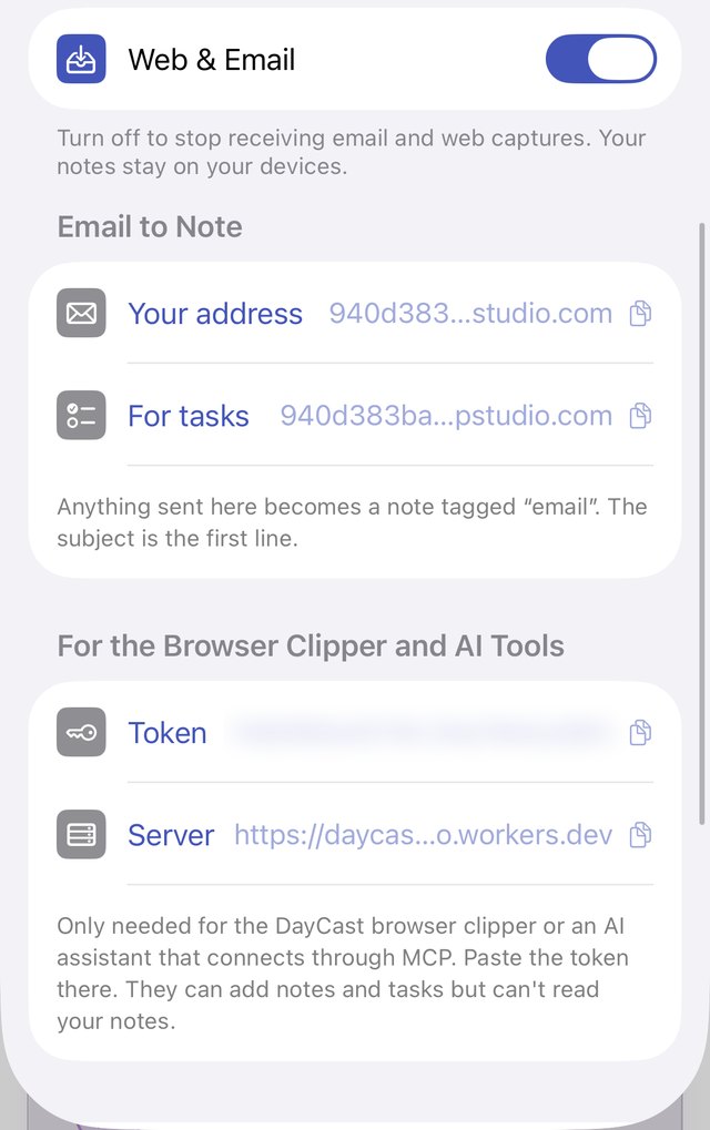 Email to Note section with your address and the tasks address