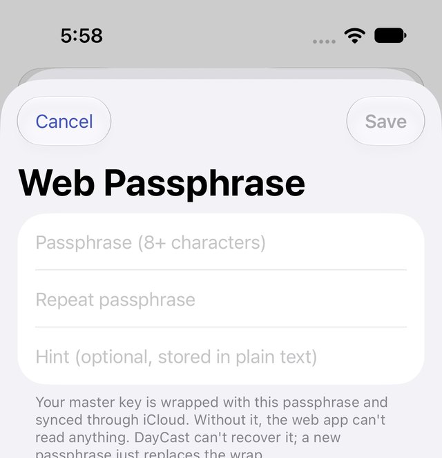 The Web Passphrase screen with two passphrase fields