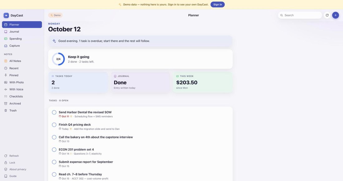 DayCast open in a web browser showing the Planner