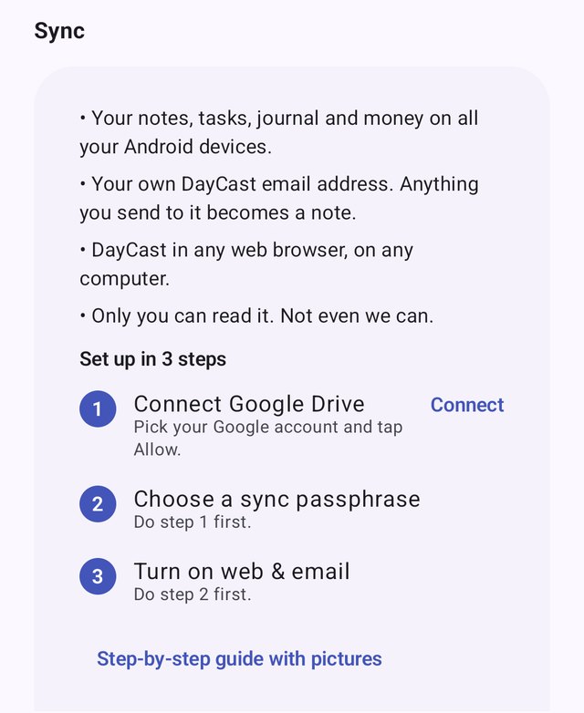 DayCast for Android Settings, Sync, with three numbered setup steps