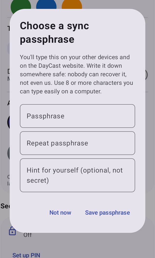 The Choose a sync passphrase box