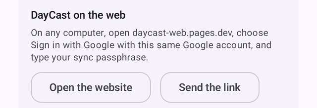 DayCast on the web, with Open the website and Send the link buttons