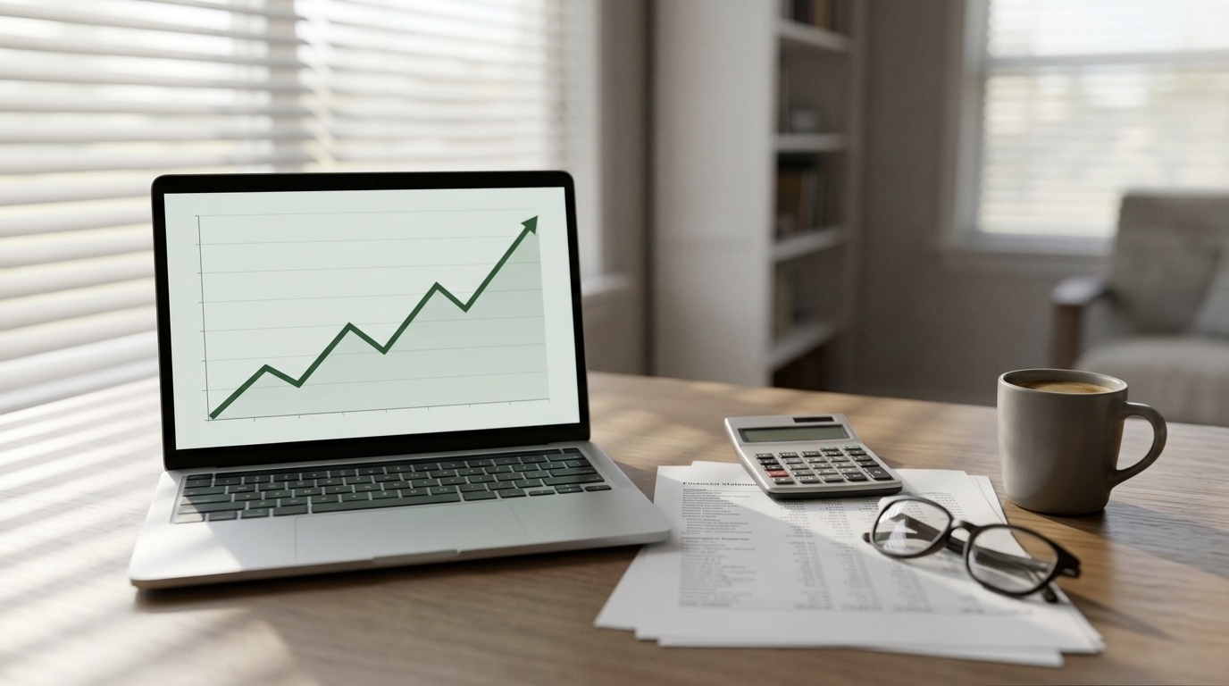 A laptop on a sunlit home office desk showing a rising line chart, next to a printed statement, a calculator, reading glasses, and a coffee mug