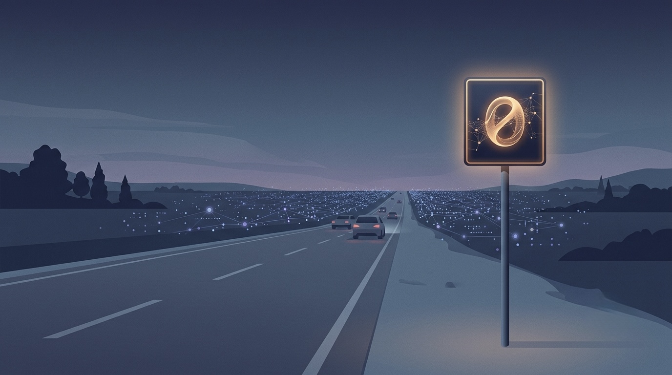 A dusk highway with a single glowing speed limit sign, the road ahead dissolving into a field of faint data points