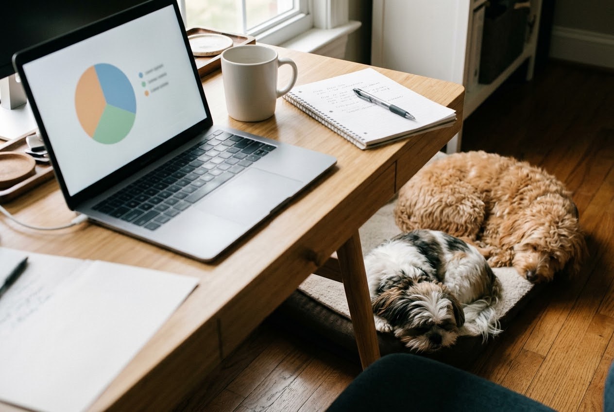 A home desk with a laptop showing a portfolio pie chart, a coffee mug, a notebook and two dogs sleeping on a bed under the desk