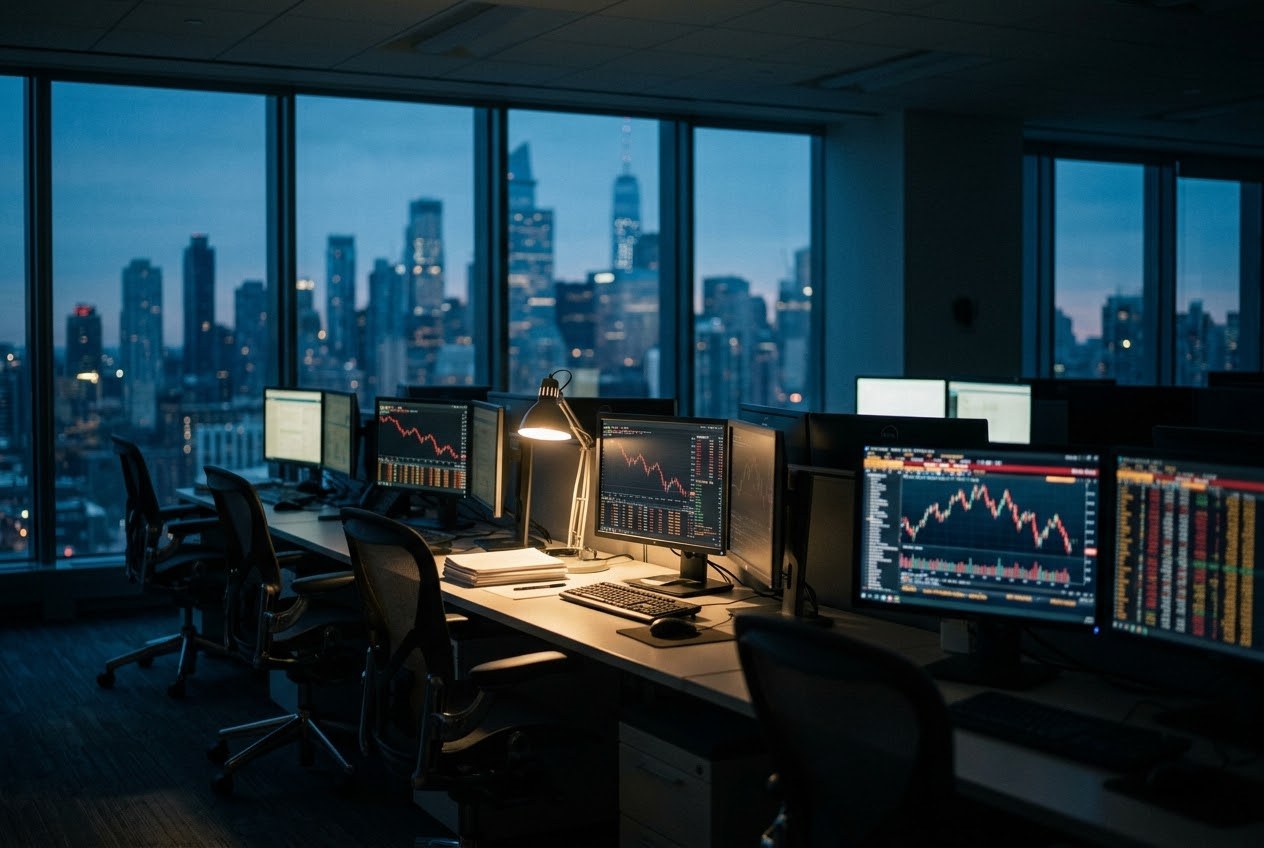 A dim modern office at dusk with monitors showing red downward charts and a city skyline through tall windows