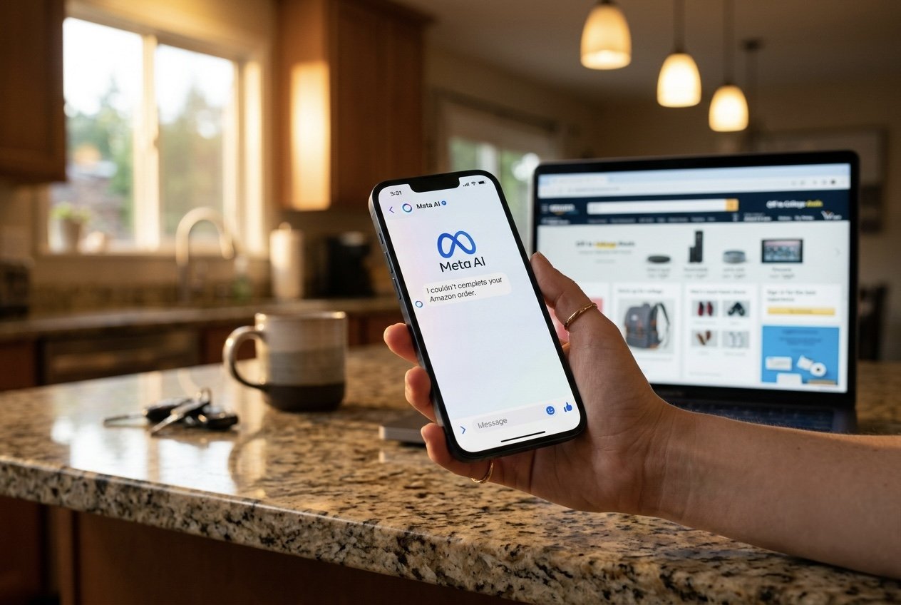 A hand holding an iPhone showing a Meta AI chat, with a laptop showing Amazon in the background