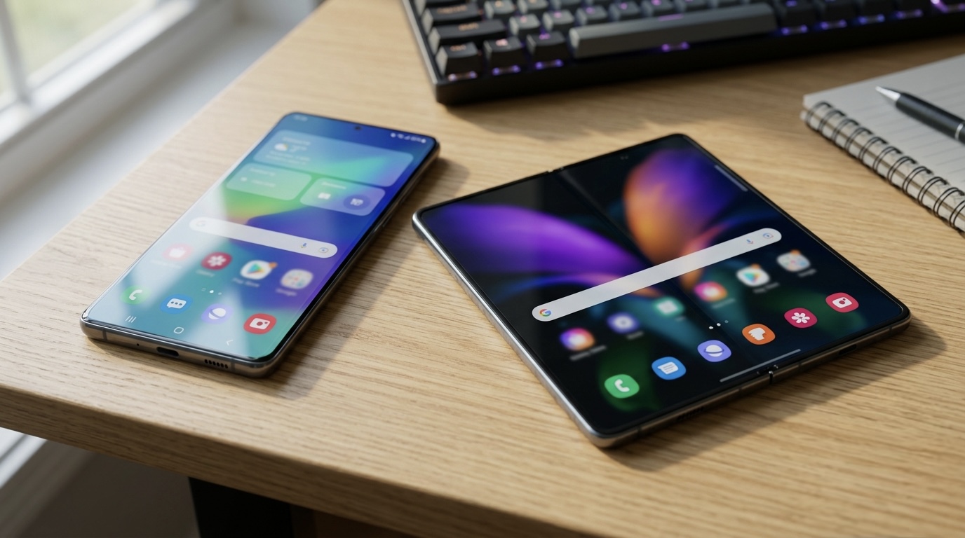 A standard Android phone and an unfolded book style foldable phone side by side on a light wood desk next to a keyboard and notebook