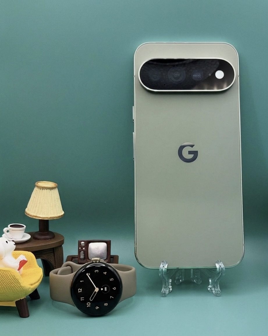 Pixel 11 Pro XL in Olive from the back on a clear stand, with a Pixel Watch 5 beside it, teal background