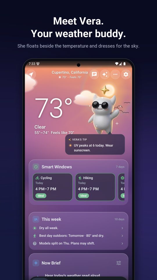 VeraCast home screen with Vera and the temperature