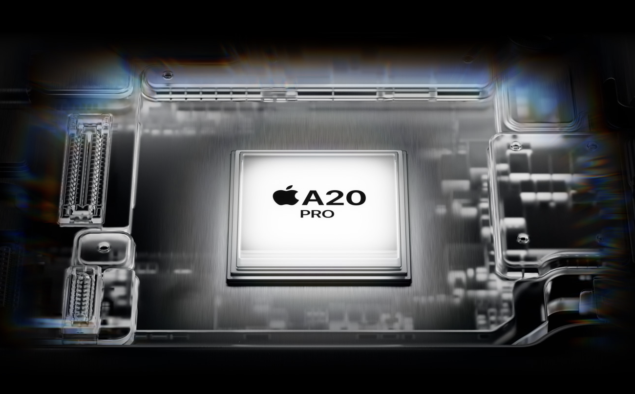 Keynote slide showing the Apple A20 Pro chip mounted on an iPhone logic board