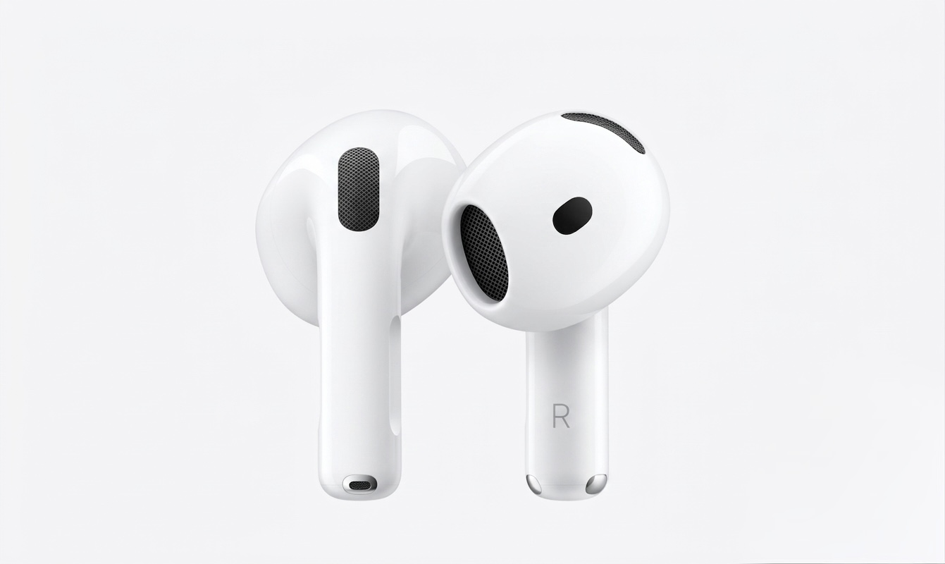A pair of AirPods 5 on a light background, showing the redesigned stem and microphone ports