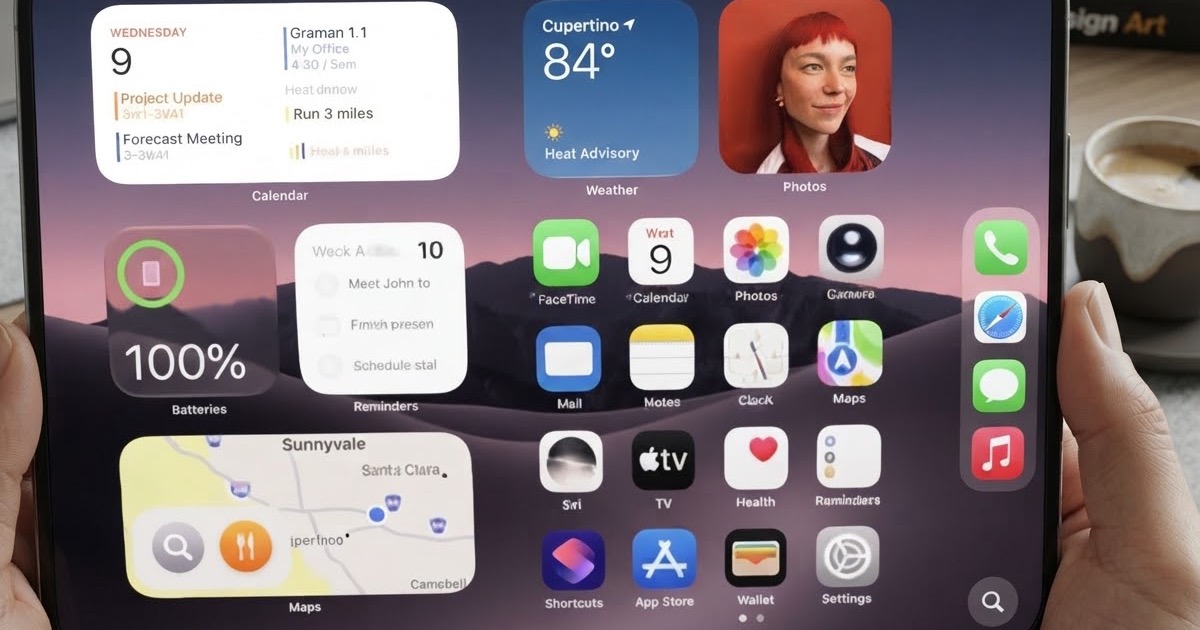 The foldable iPhone Duo held open in landscape, showing a wide home screen with Calendar, Weather, Photos and Maps widgets beside a grid of app icons
