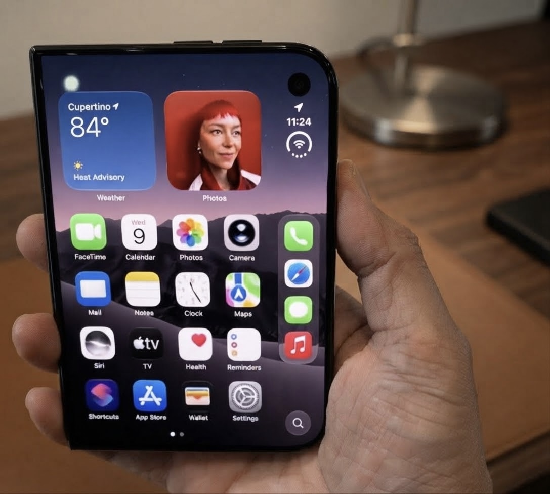 The iPhone Duo open in one hand, showing a home screen with Weather and Photos widgets above a grid of app icons