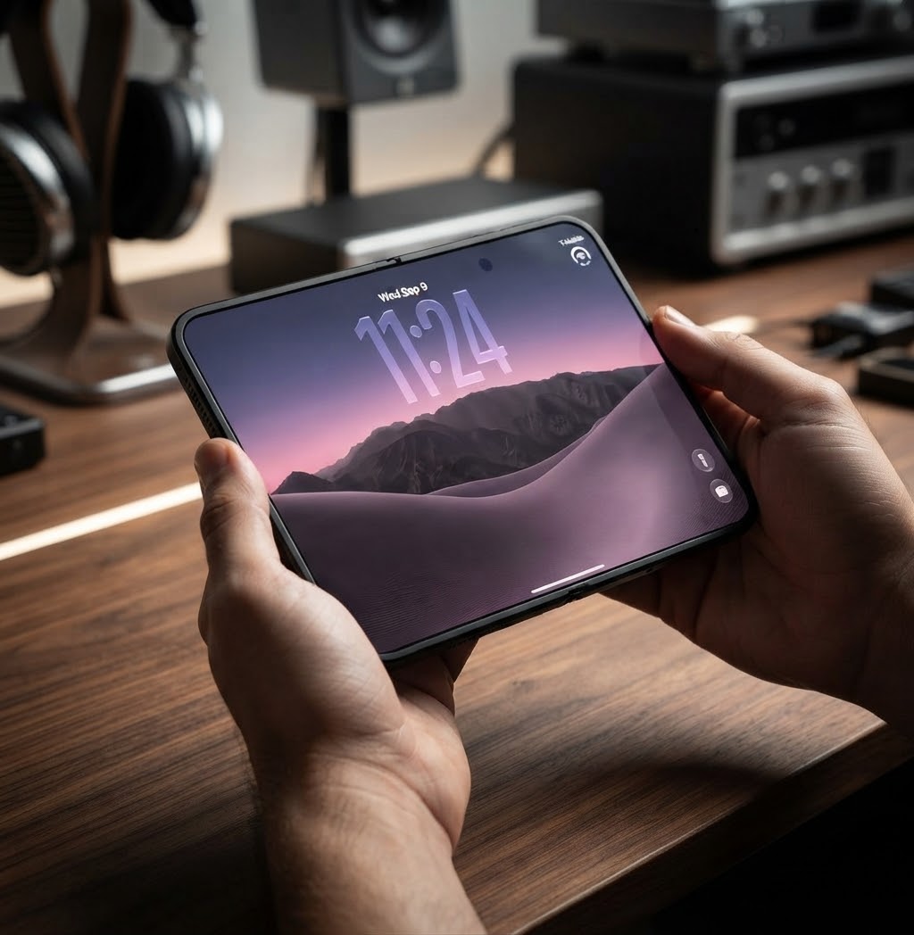 The iPhone Duo held open in landscape on a desk, showing a purple dune lock screen