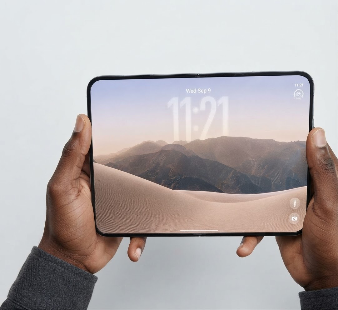 The iPhone Duo held open in two hands, showing a 7.6 inch lock screen with a dune and mountain wallpaper