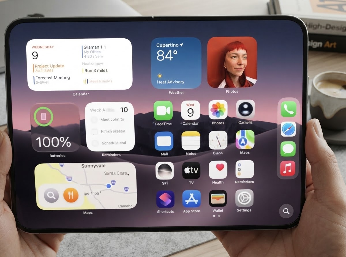 The foldable iPhone Duo held open in landscape, showing a wide home screen with Calendar, Weather, Photos and Maps widgets beside a grid of app icons