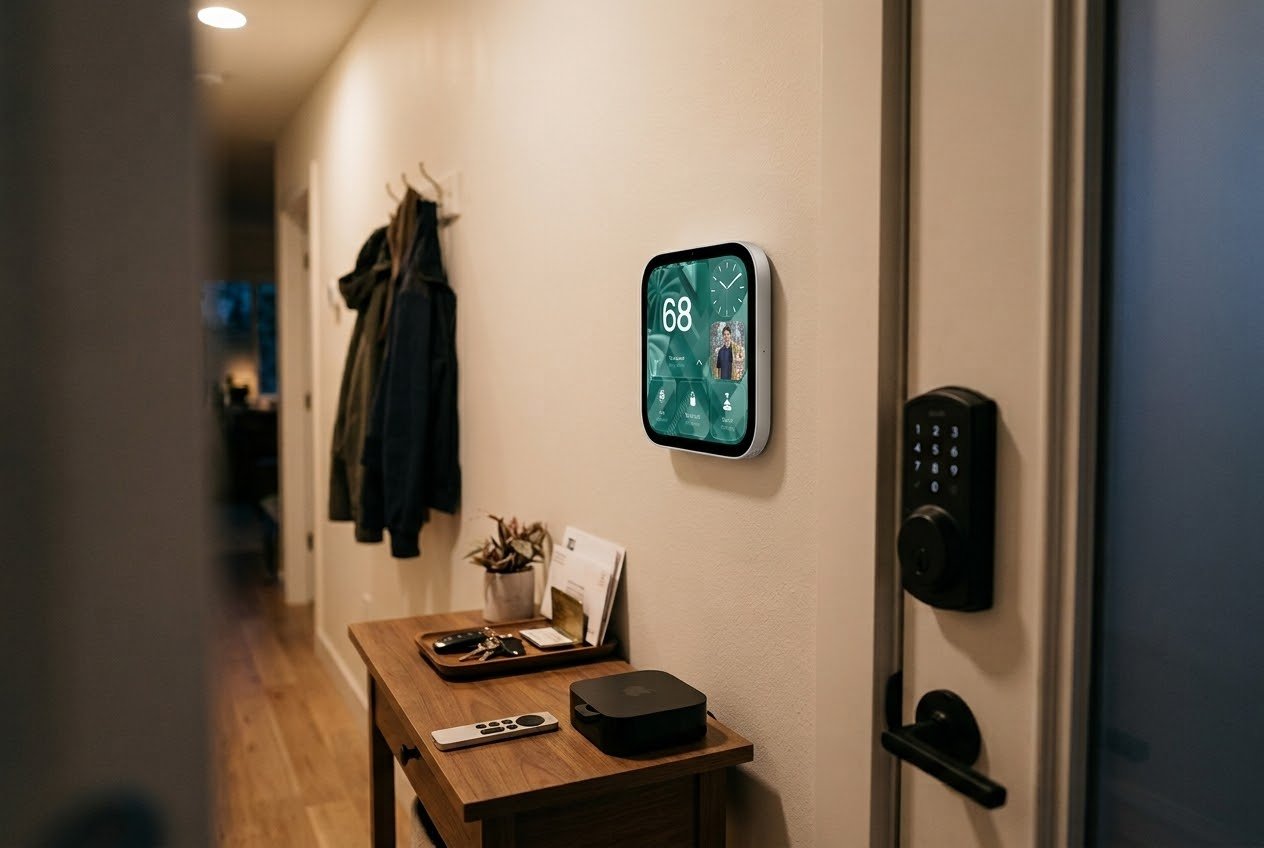 A slim smart display mounted beside a front door showing a camera view of an empty porch, with a black smart deadbolt on the door