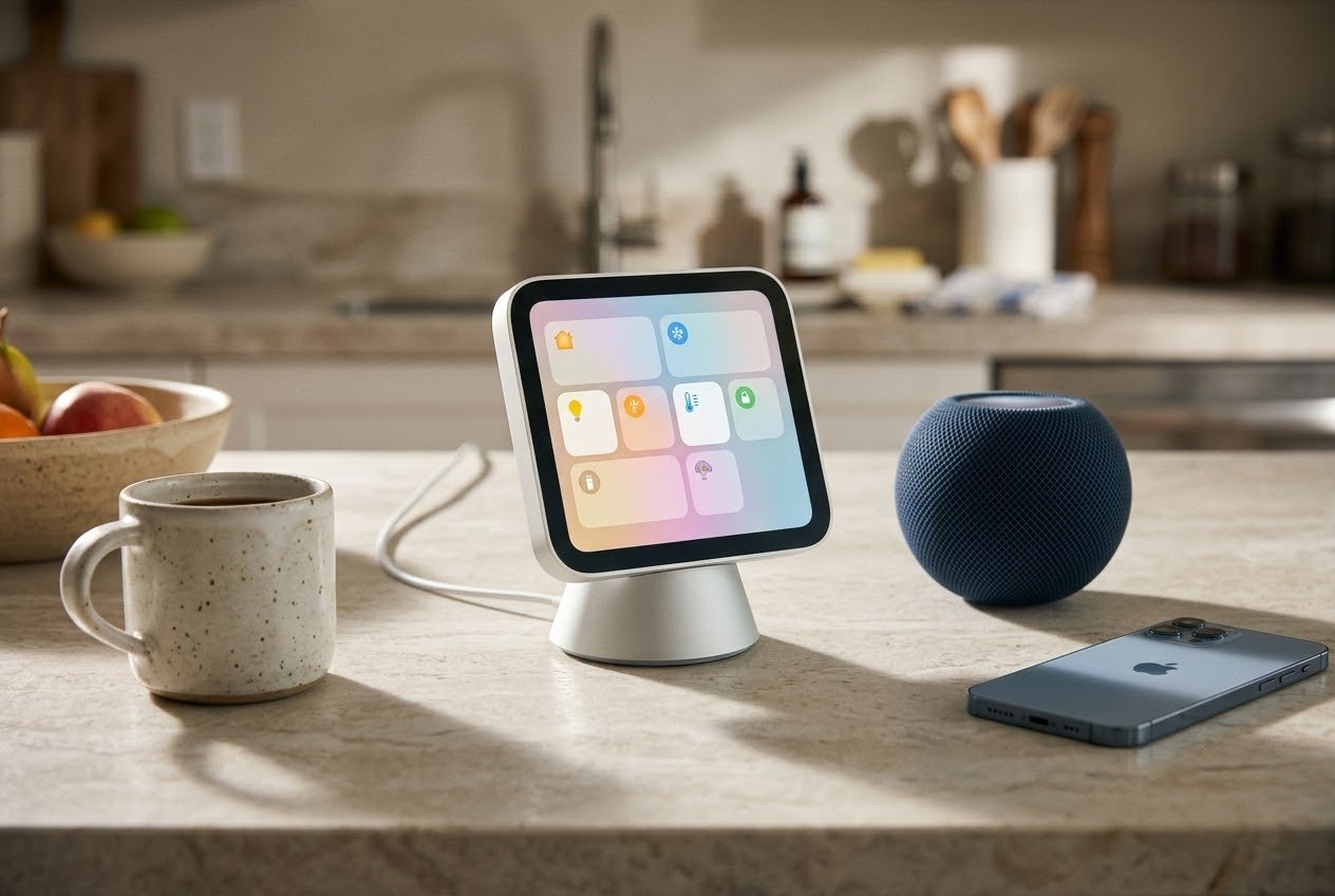An Apple HomeView smart display on a kitchen counter next to a blue HomePod mini and an iPhone