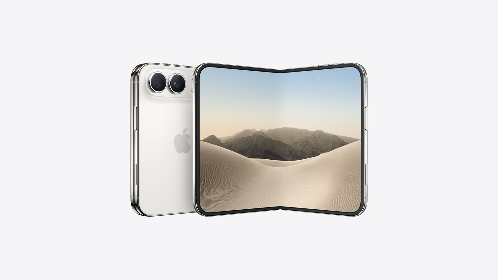 iPhone Duo in Star White, closed and open, showing the dual rear cameras and the 7.6 inch inner display
