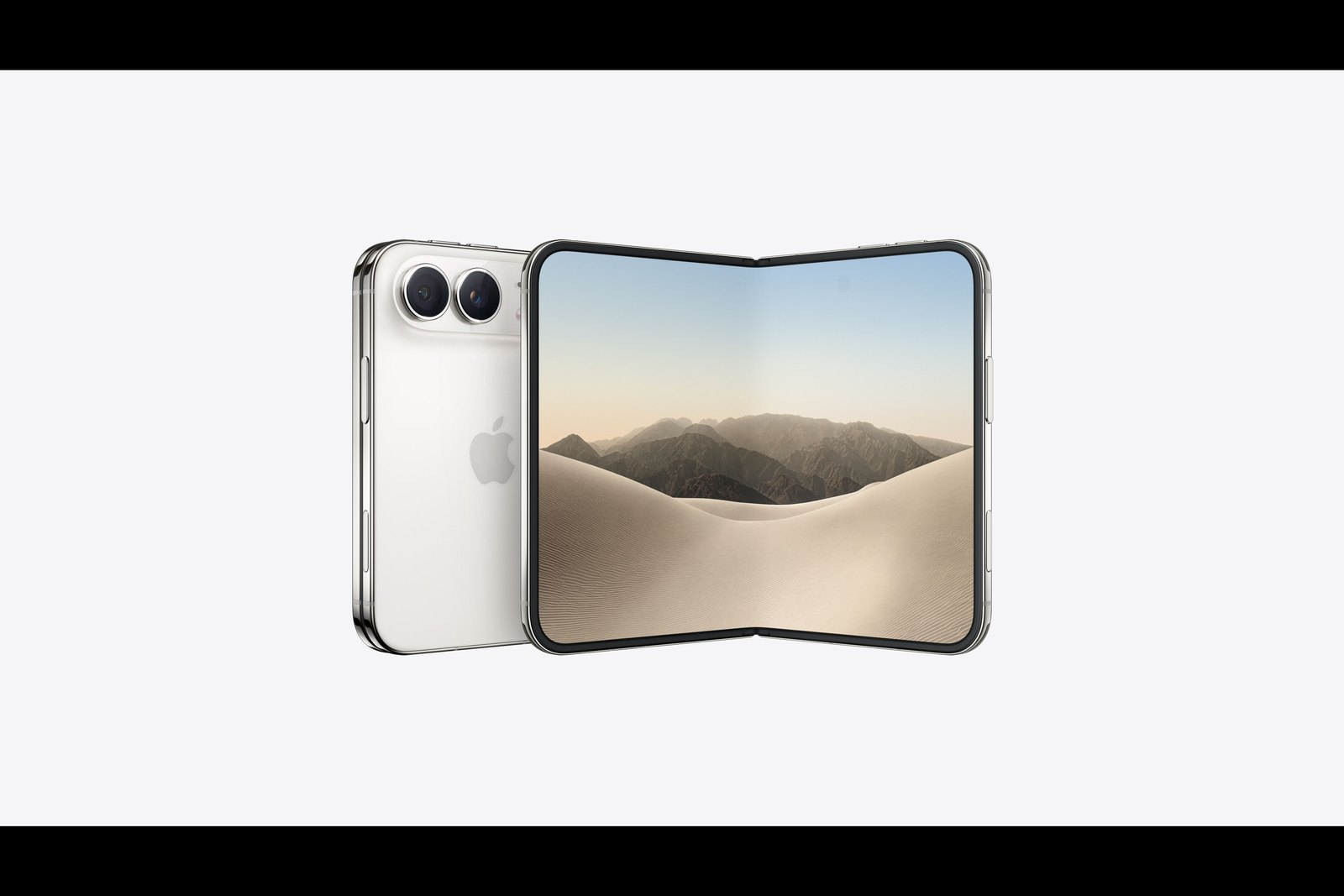 iPhone Duo in Star White, one closed showing the dual rear cameras and one open to its inner display