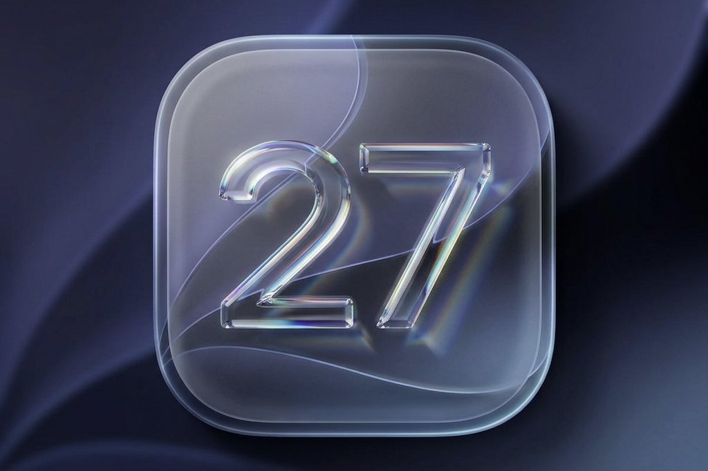 A glass number 27 on a dark blue wave background, an illustration for iOS 27