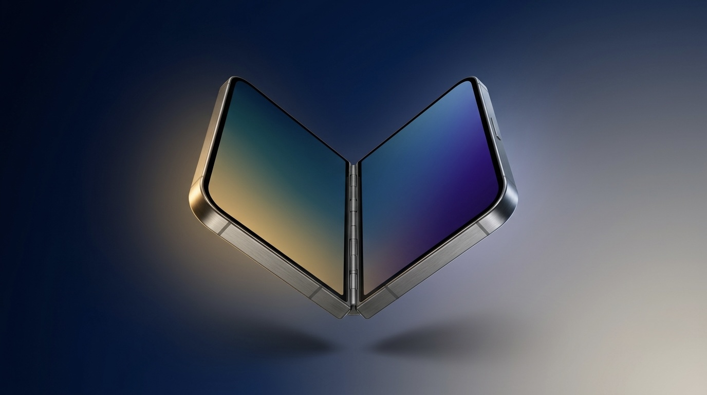 An abstract folding device shown mid fold, two glowing screen surfaces meeting at a titanium hinge