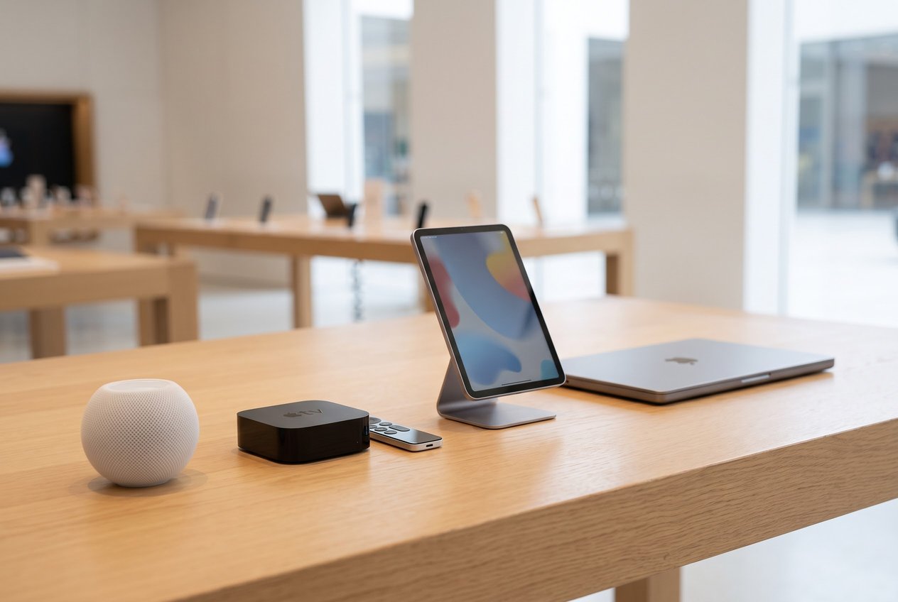 A HomePod mini, an Apple TV with Siri Remote, an iPad mini on a stand and a closed MacBook on a wooden table in an Apple Store