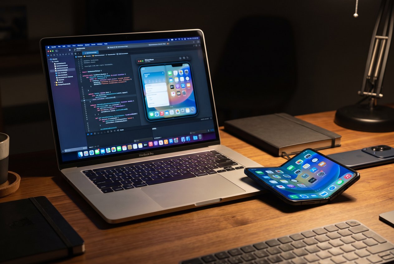 A MacBook Pro on a desk at night running Xcode with a foldable iPhone simulator, next to a real foldable iPhone