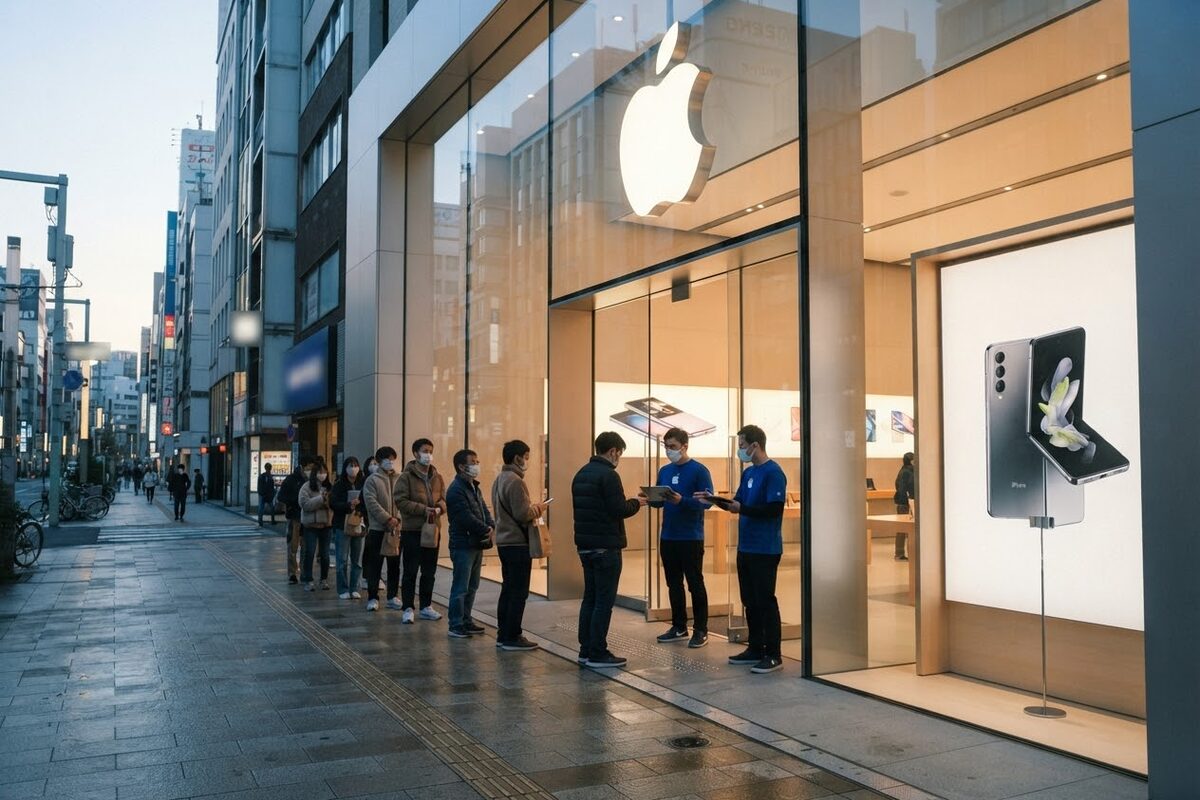 A line of people outside an Apple Store in Tokyo at dawn, staff in blue shirts holding iPads checking reservations at the door, a folding iPhone on the window display