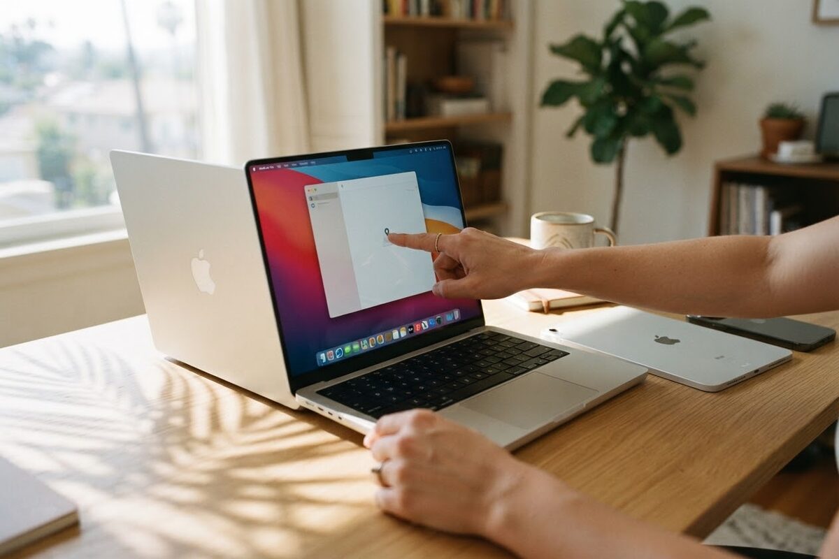 A silver MacBook Pro open on a wooden desk in a sunlit Los Angeles home office, a finger touching the screen, an iPad mini and an iPhone beside it