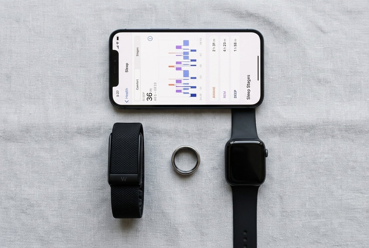 A WHOOP band, an Oura Ring, and an Apple Watch laid out below an iPhone showing a sleep chart