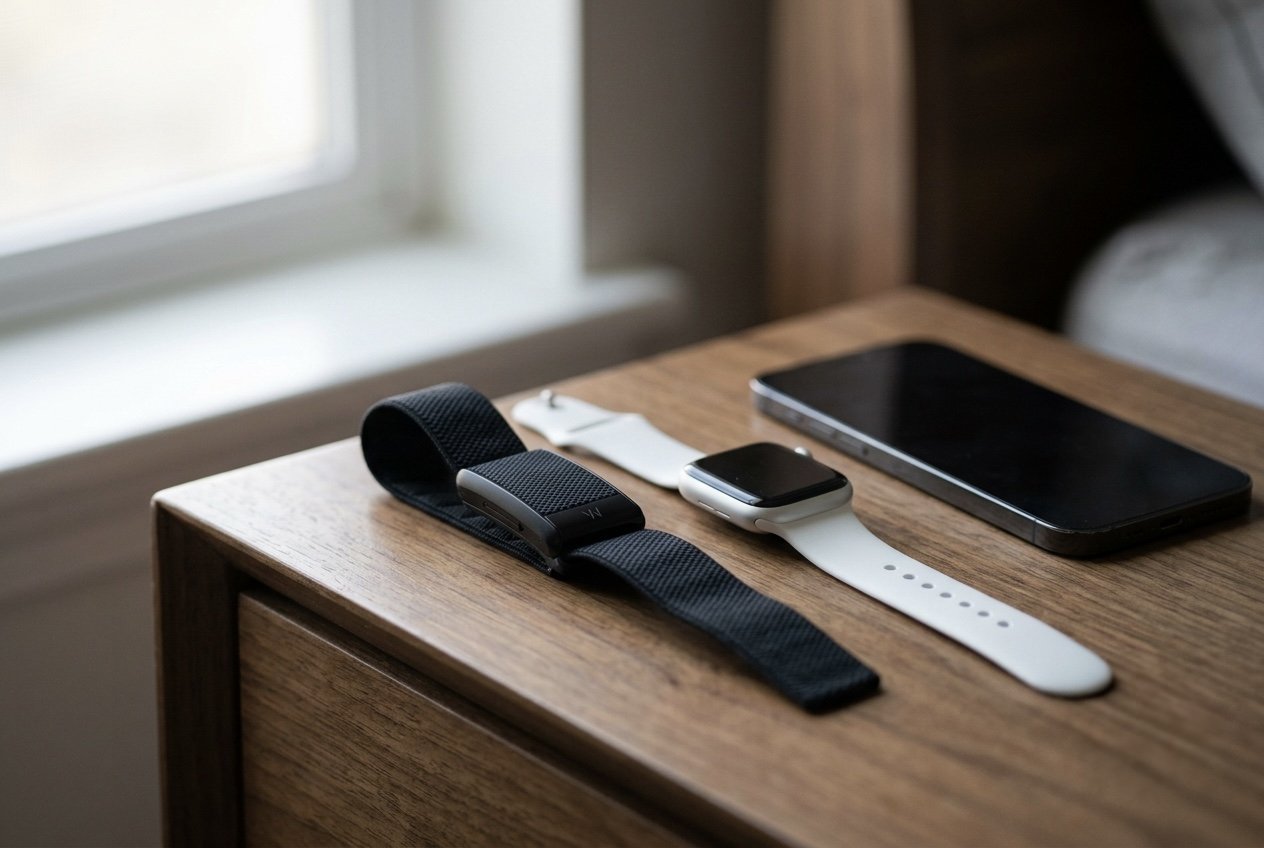 A WHOOP band and an Apple Watch with a white band lying on a wooden nightstand next to an iPhone