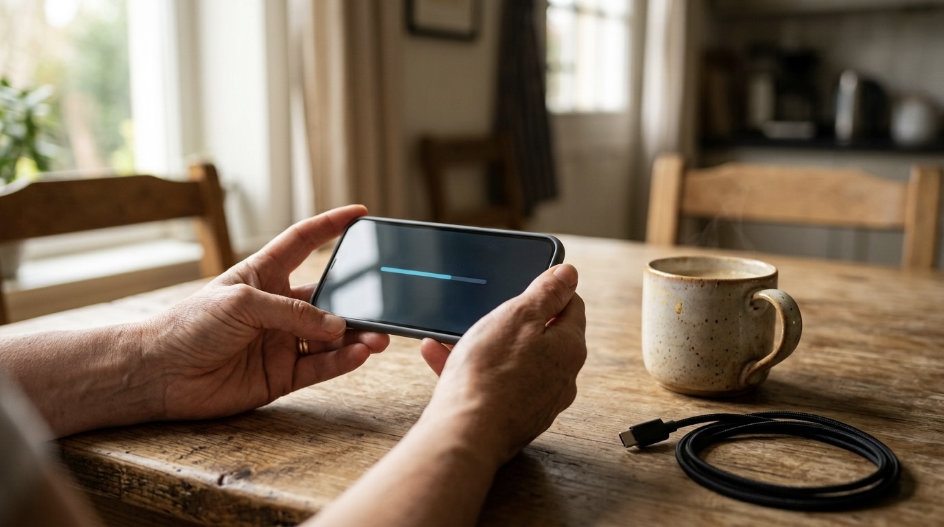 Hands holding a smartphone at a wooden kitchen table, its screen showing a software update progress bar, next to a coffee mug and a charging cable