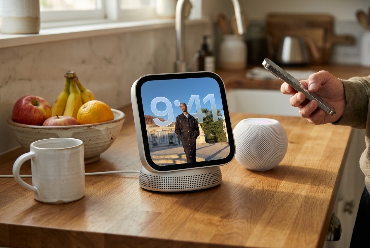 A square smart home display on a kitchen counter next to a white HomePod mini, a mug and a bowl of fruit