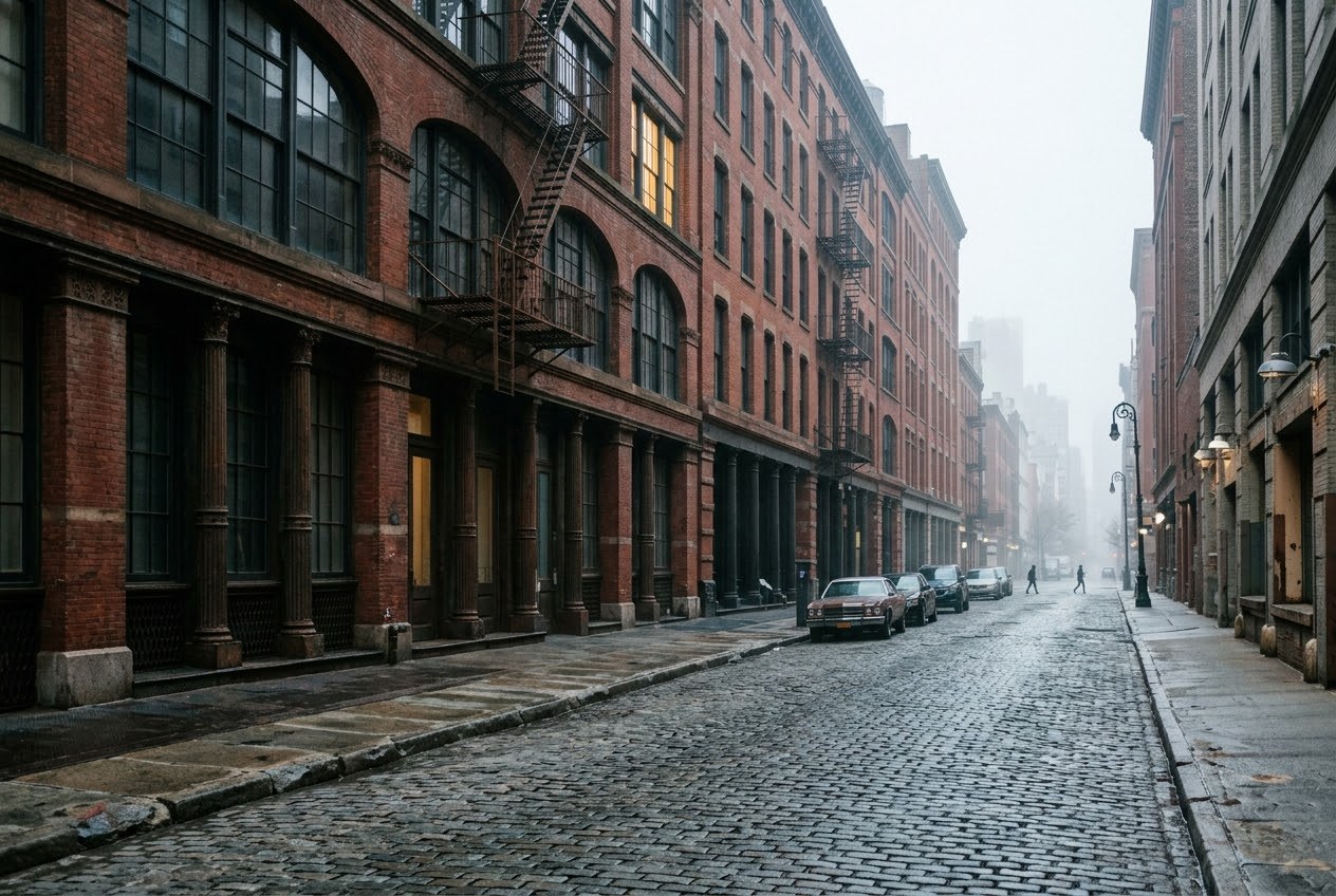 A foggy cobblestone street in Tribeca, New York, lined with red brick loft buildings and fire escapes