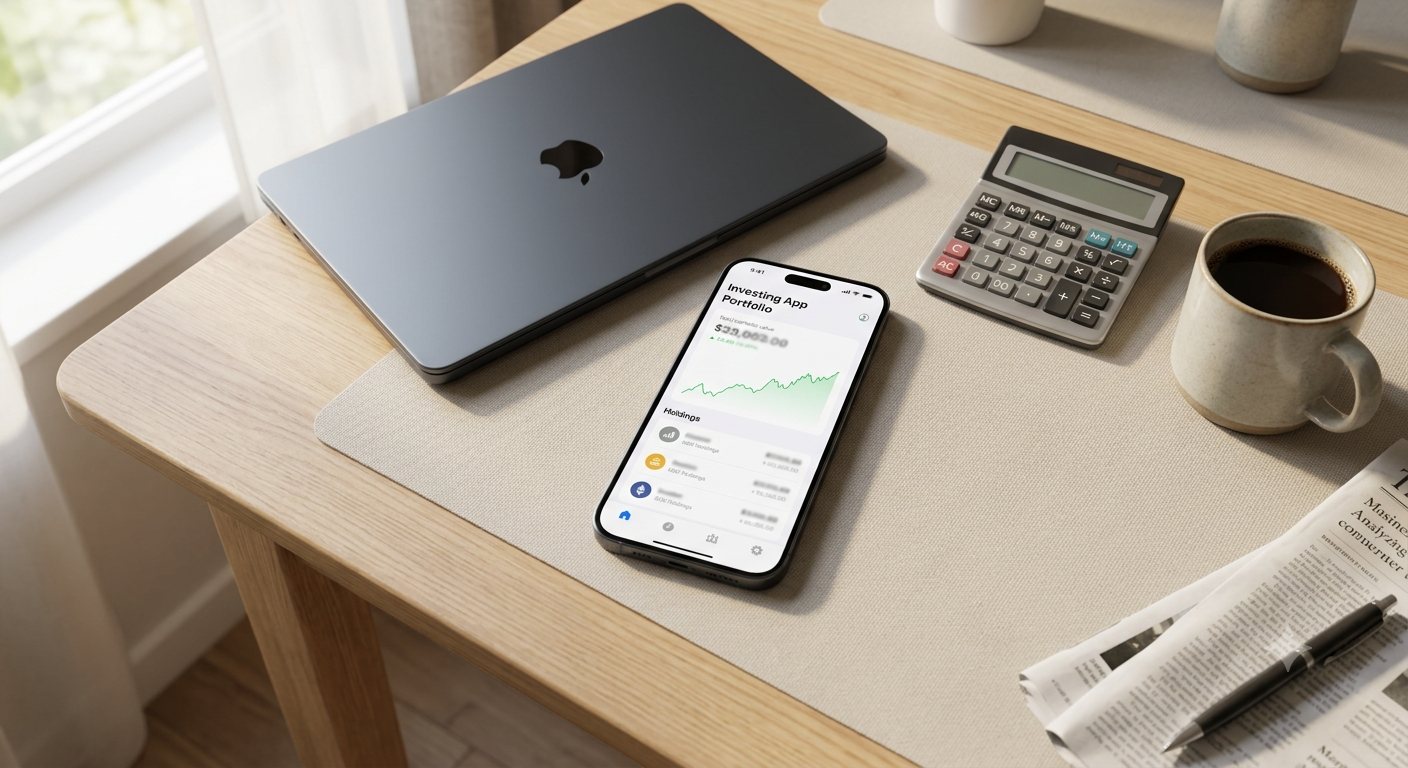 Three plain index fund statements fanned out on a kitchen table beside a calculator and a mug, overhead shot, morning light