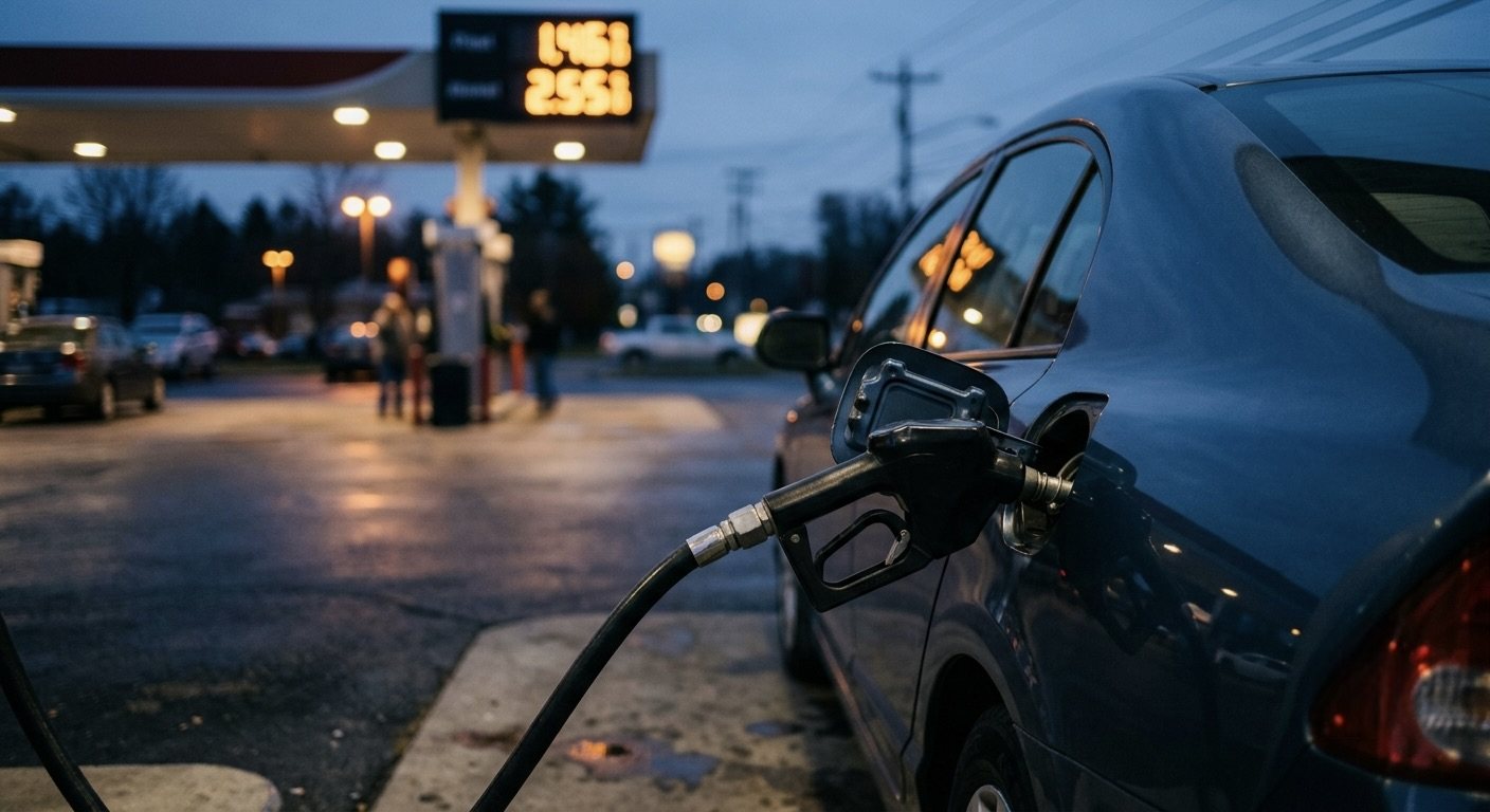 A gas pump nozzle resting in a car's fuel door at dusk with the price display glowing but unreadable, shallow depth of field