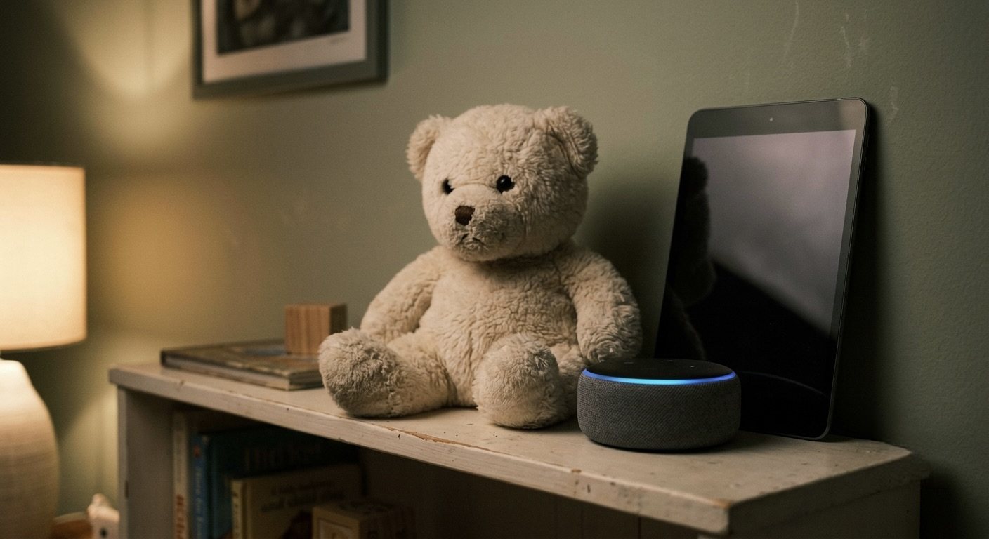 A child's plush toy sitting on a bedroom shelf next to a small dark speaker with a single blue light, soft evening lamp light