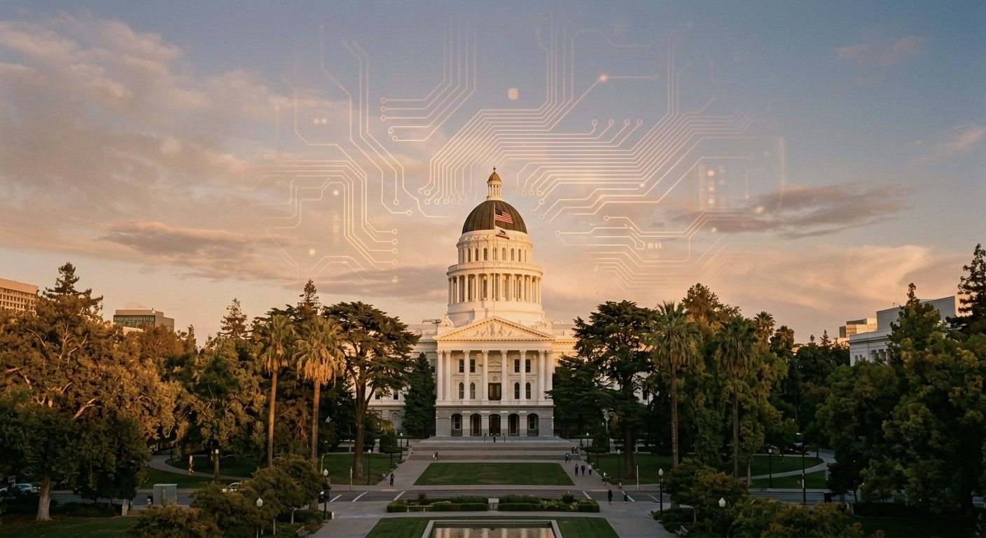 The California state capitol dome at golden hour with a faint overlay of glowing circuit traces in the sky, wide angle