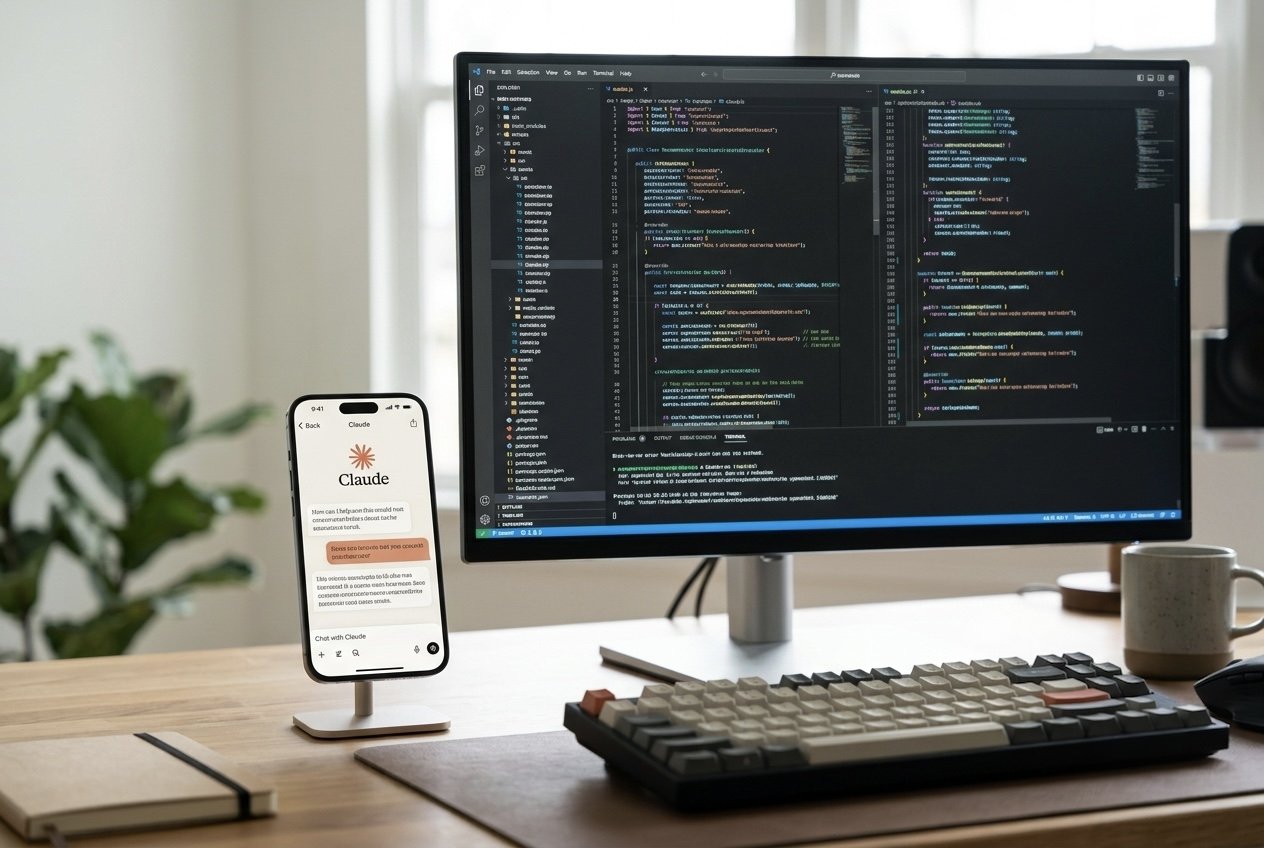 An iPhone on a stand showing the Claude app beside a monitor full of code