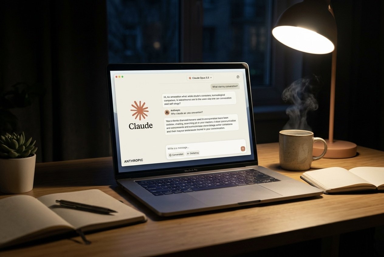 A laptop on a wooden desk at night showing the Claude app, next to a lamp and a mug of tea