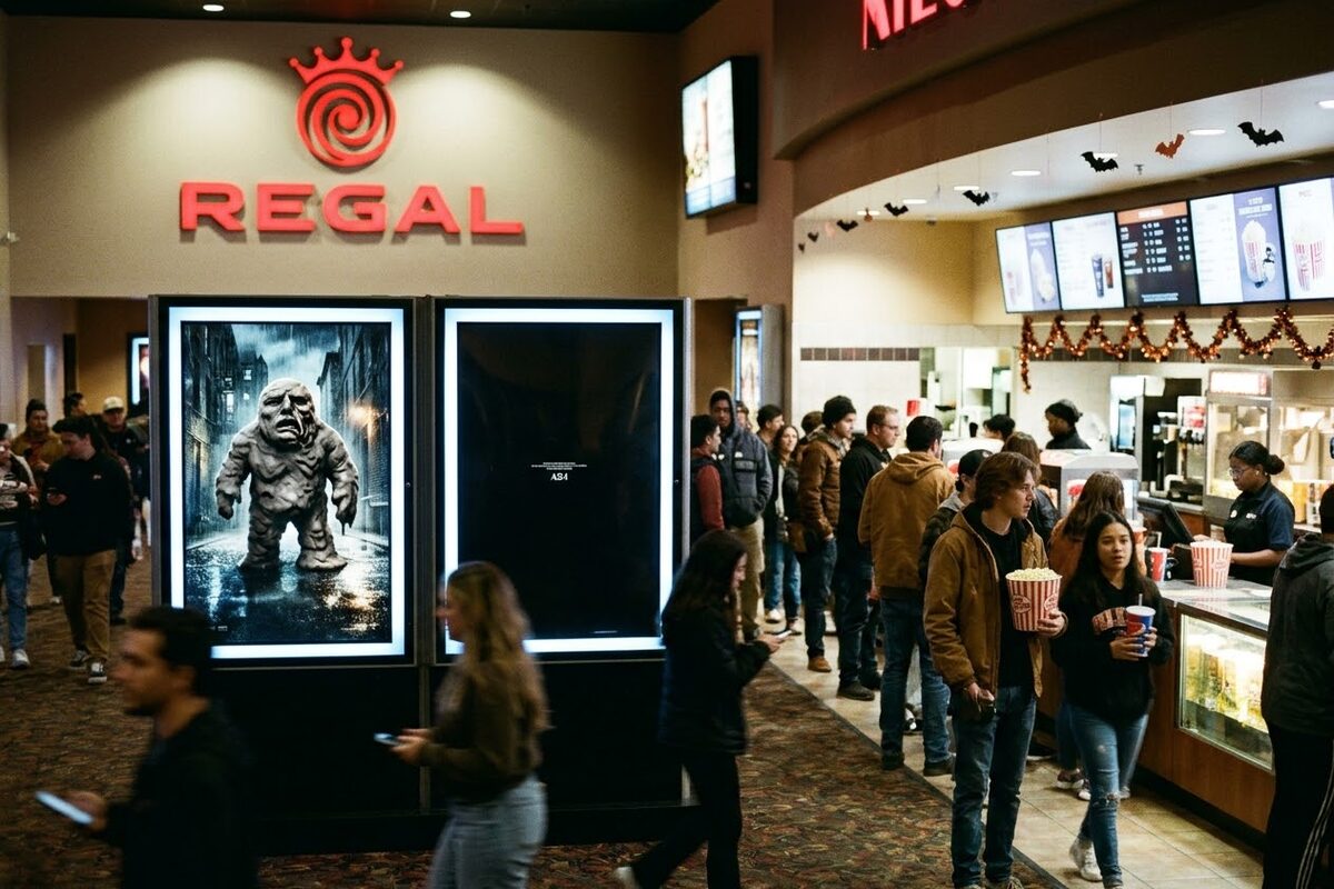 A Regal Cinemas lobby on a Saturday night in late October, a Clayface poster with a melting clay figure next to a plain black A24 poster, a line at the concession stand, Halloween decorations on the counter