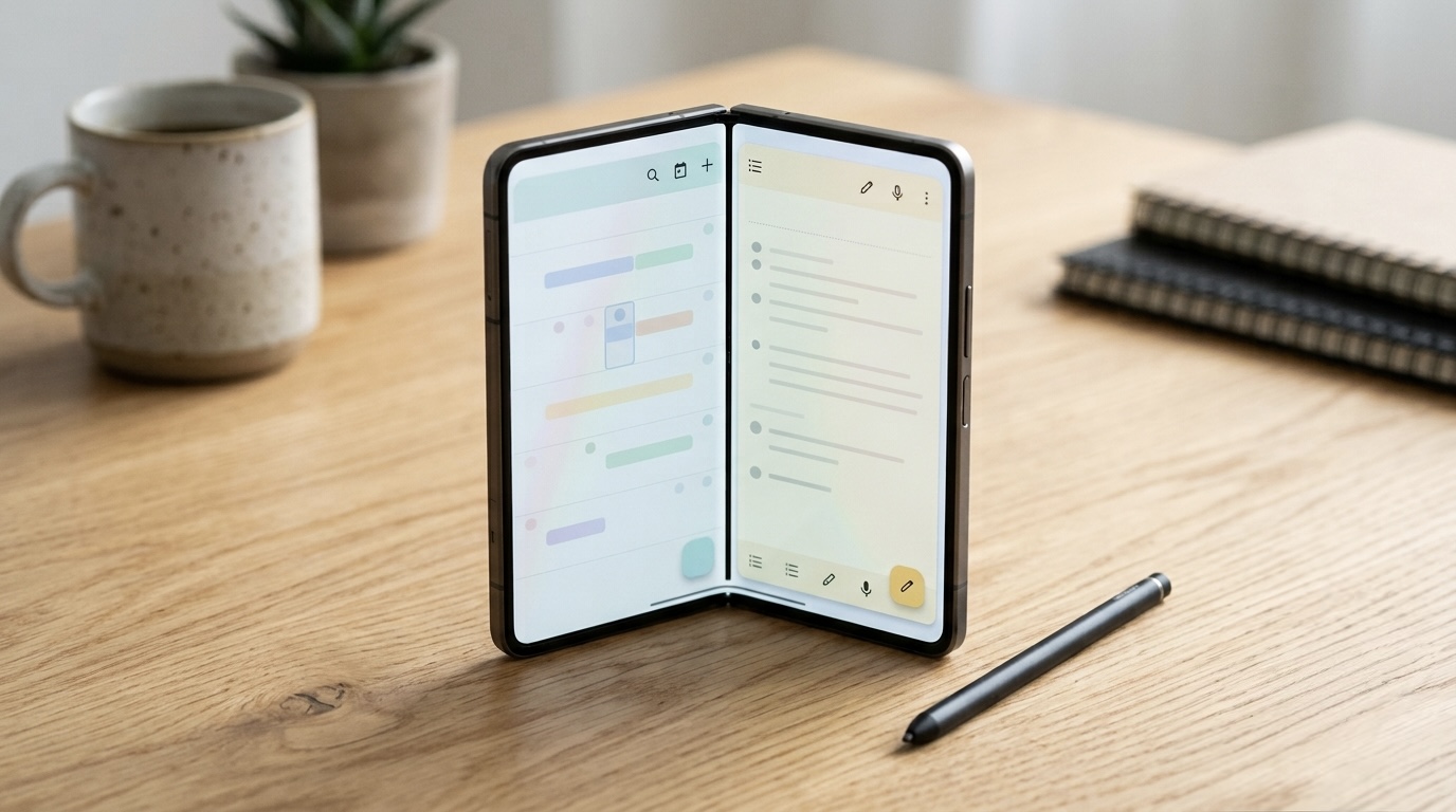 A thin book style foldable phone standing half open on an oak desk, its inner screen showing a two column app layout, with a stylus beside it