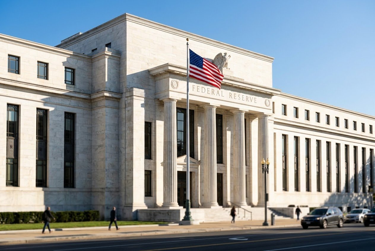The white marble Federal Reserve Board building in Washington, D.C. on a clear morning, an American flag flying out front