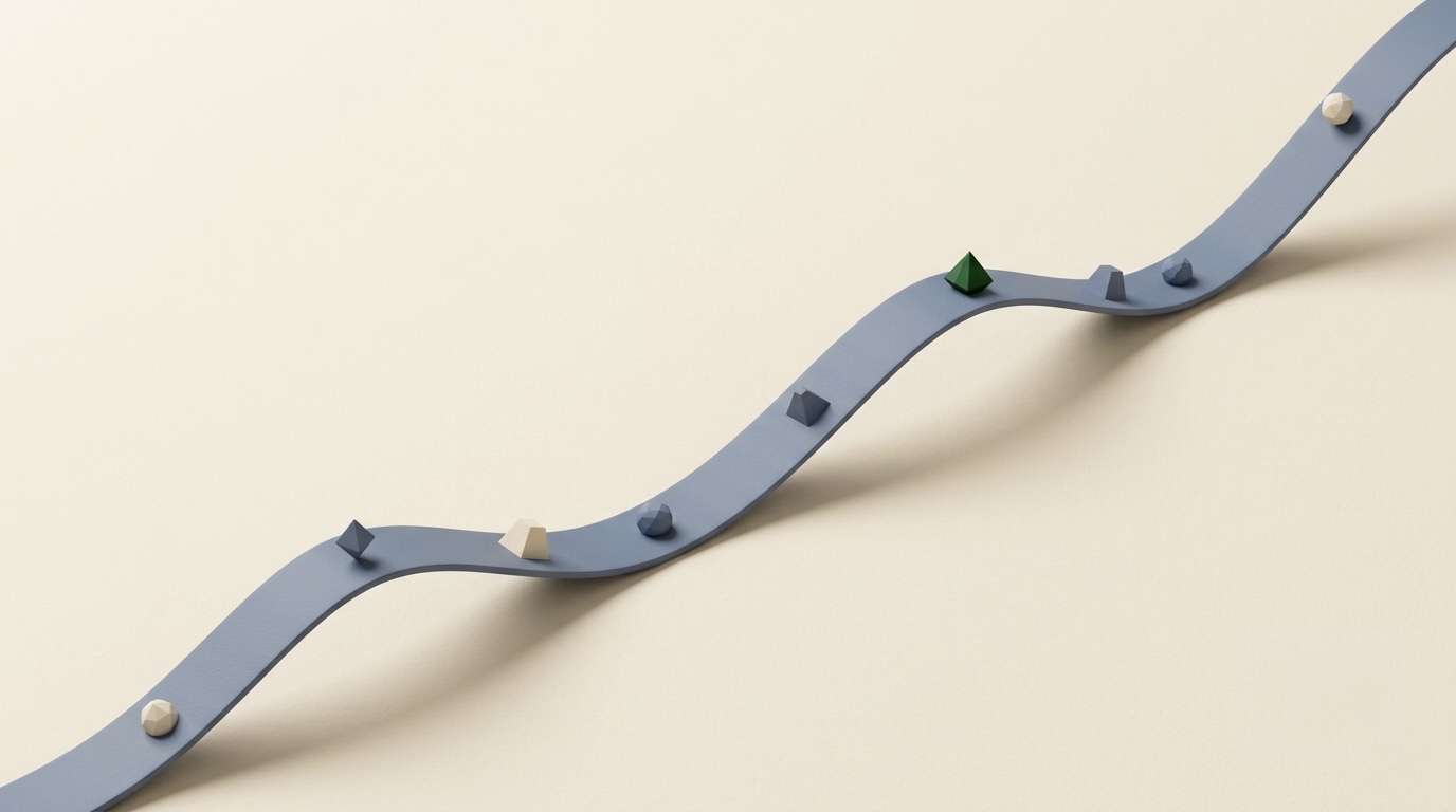 A smooth ascending ribbon curving upward across a pale background with small geometric markers along it