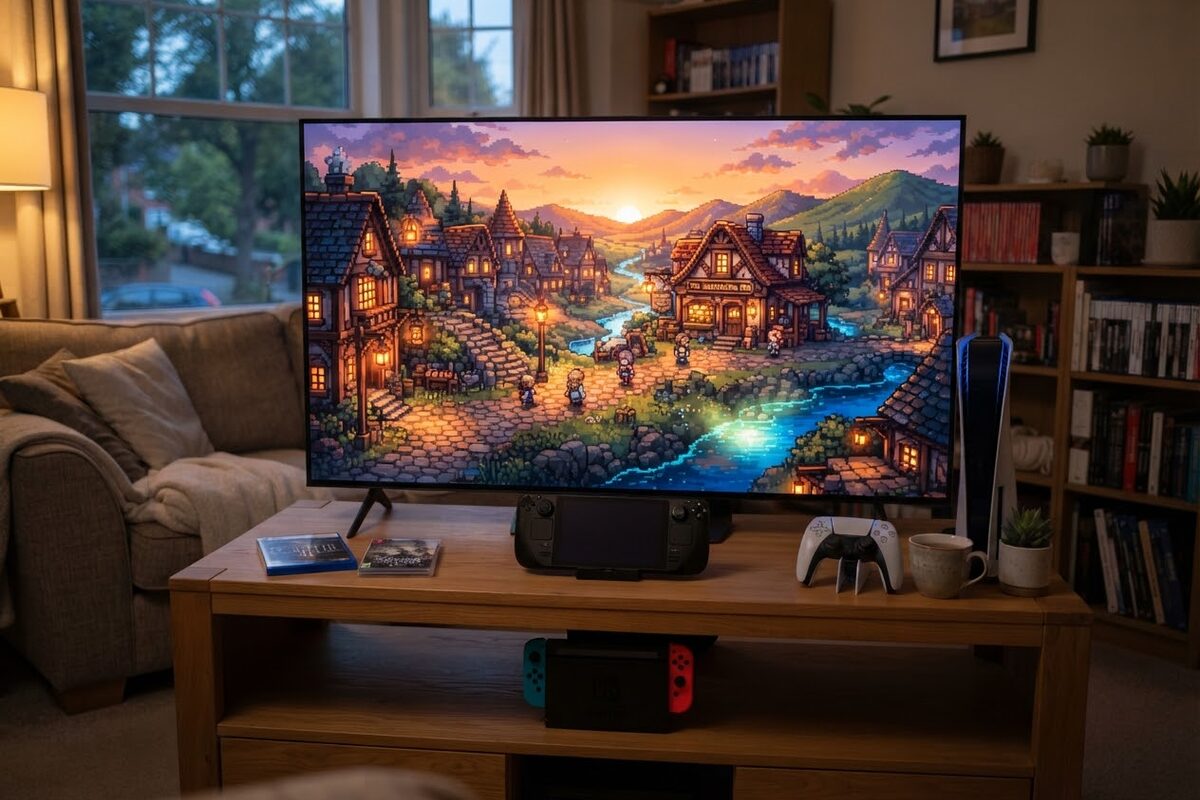 A white PlayStation 5 and a Steam Deck on a TV stand, the TV showing a pixel art fantasy town at sunset with lanterns, a Final Fantasy game case leaning against the PS5