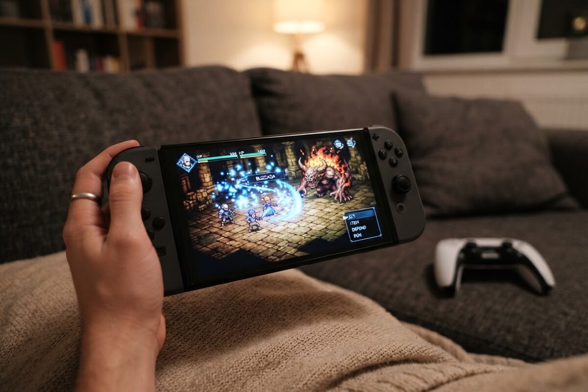 A Nintendo Switch 2 in handheld mode held over a couch, the screen showing a pixel art Final Fantasy battle with glowing spell effects, a PS5 DualSense on the cushion beside it